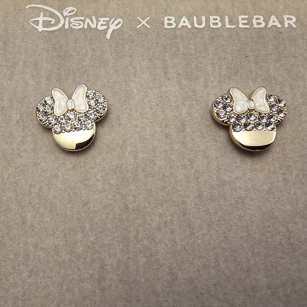 NEW Disney × BaubleBar Minnie Mouse Gold Rhinestone Bow Earrings Studs